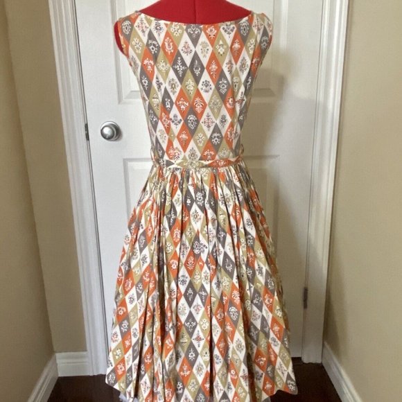 Vintage 1950s Handmade Harlequin Print cotton dress orange grey white - Picture 5 of 7